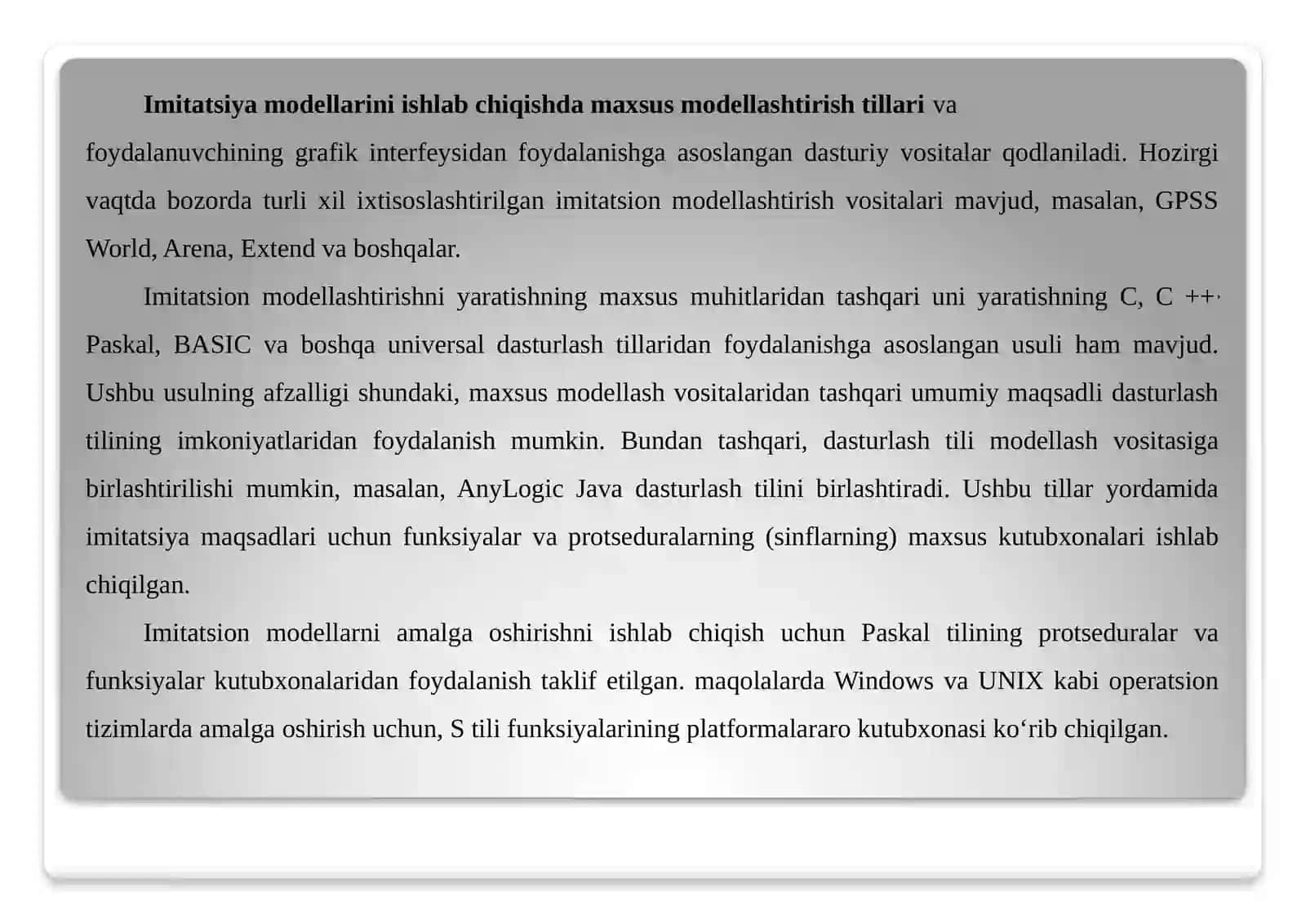 Imitatsiya modellarini ishlab chiqishda maxsus modellashtirish tillari 3