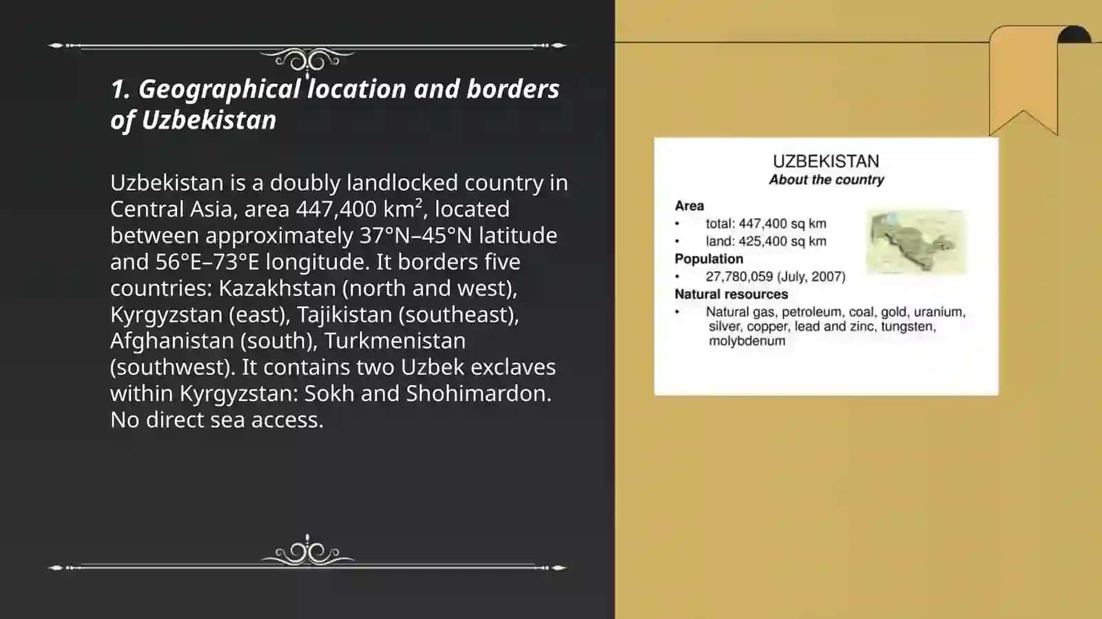 Geographical position:Geograohy of Uzbekistan.Natural resources 3