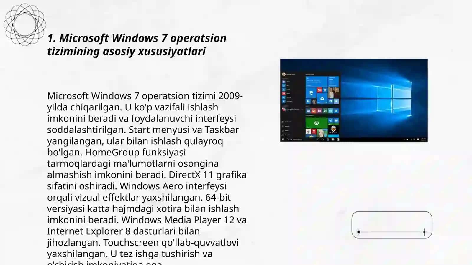 MS Windows 7,8,10 operatsion tizimlari va ulardagi yangi imkoniyatlar va qulayliklari 3