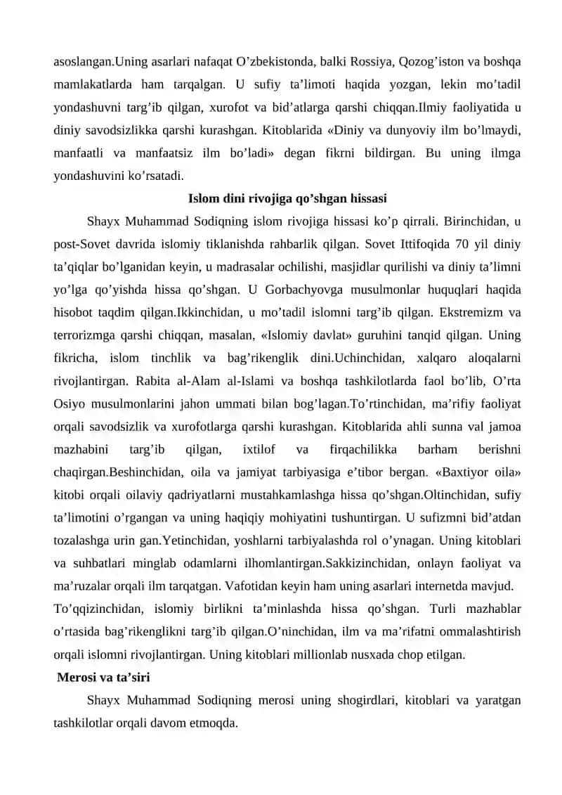 Shayx Muhammad Sodiq Muhammad Yusufning Islom dini rivojiga qo’shgan hissasi 3
