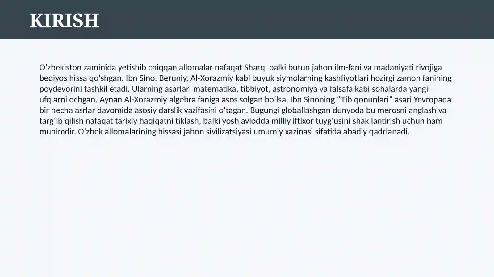 O’ZBEK ALLOMALARINING JAHON SIVILIZASIYASIGA QO'SHGAN HISSASI 3