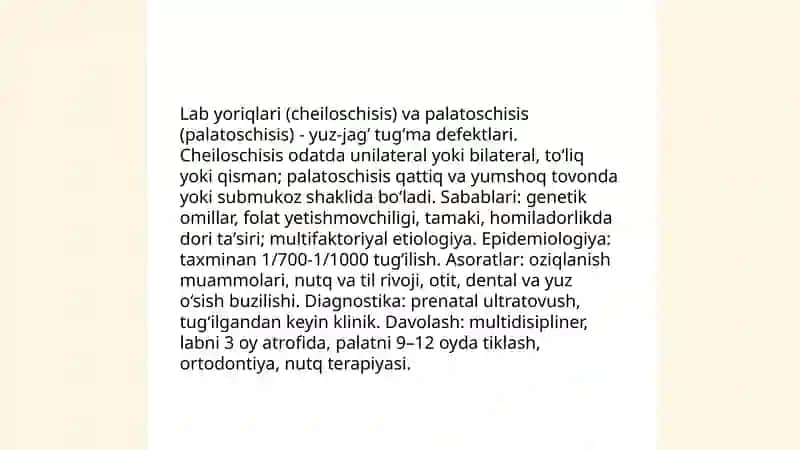 Lab va tilda tugʻma yoriqlar (cheiloschisis va palatoschisis) 3