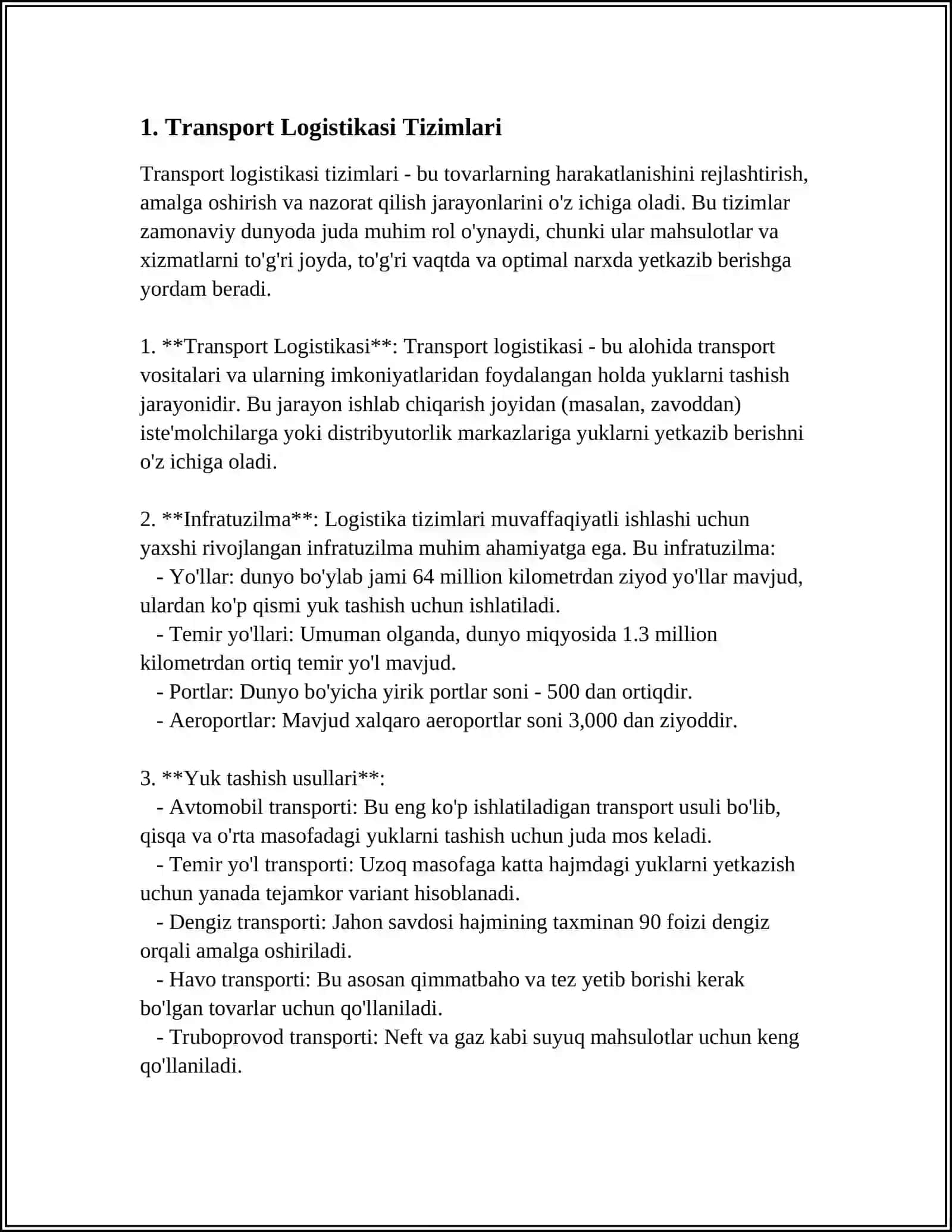 TRANSPORT LOGISTIKASI MAJMUASI. LOGISTIK TIZIMLARDA TASHISHNI TASHKIL ETISH 3