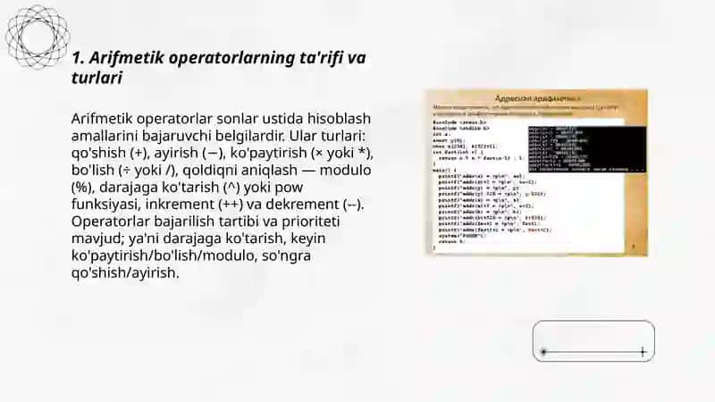 Dastulash fani: Arifmetika operatorlar. Math kitobxonasi. 3