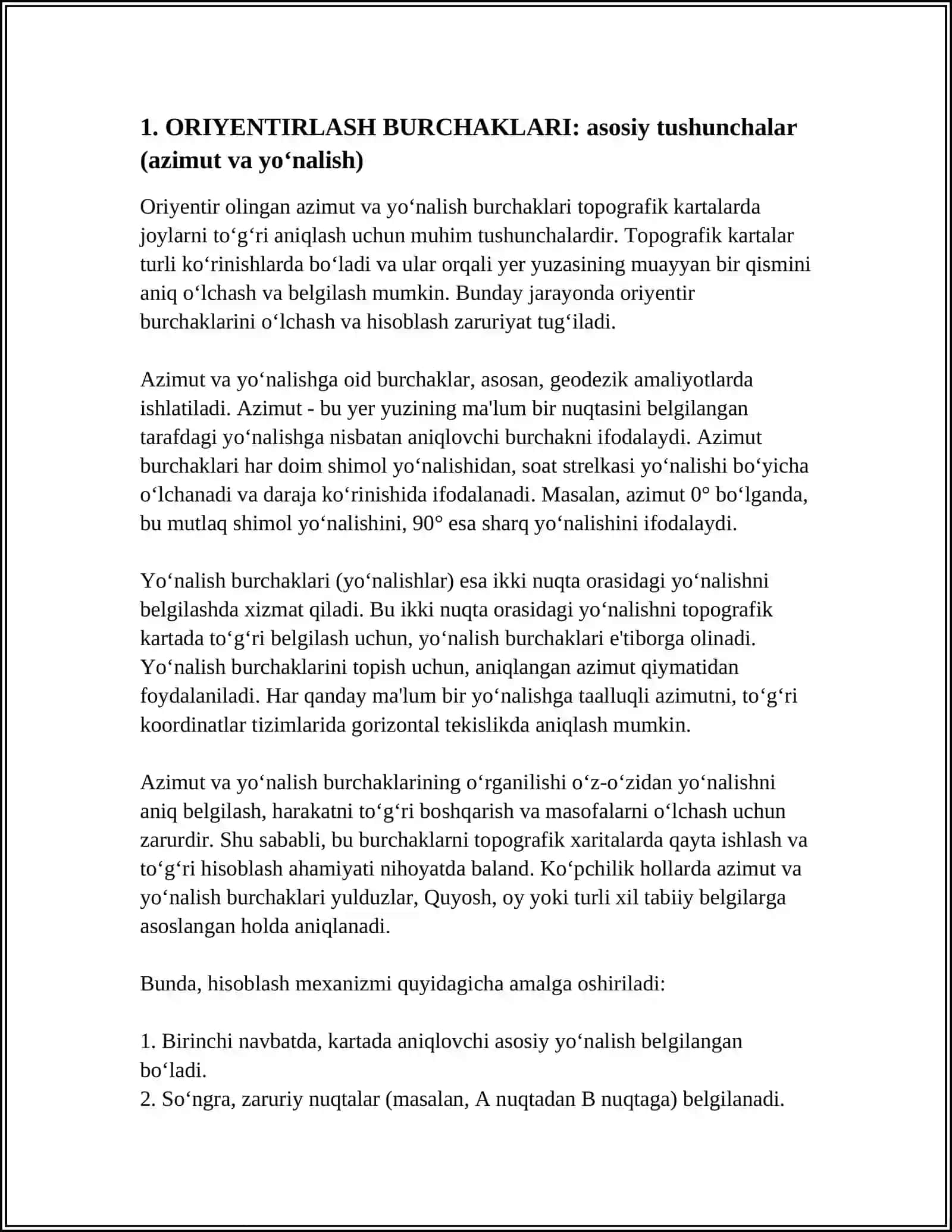 TOPOGRAFIK KARTADA ORIYENTIRLASH BURCHAKLARINI OʻLCHASH VA HISOBLASH USULLARI 3