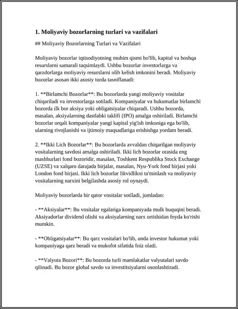Moliyaviy Bozorlarning Turlari va Vazifalari 3