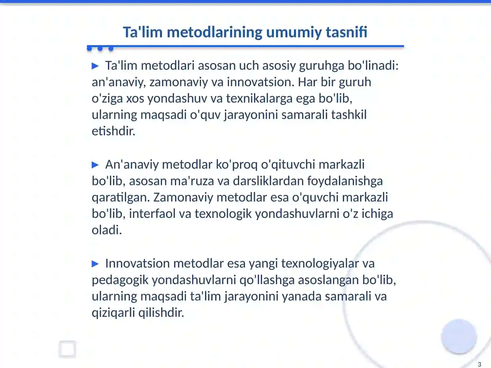 Ta'lim metodlari va usullari tasnifi va ulardan foydalanish 3
