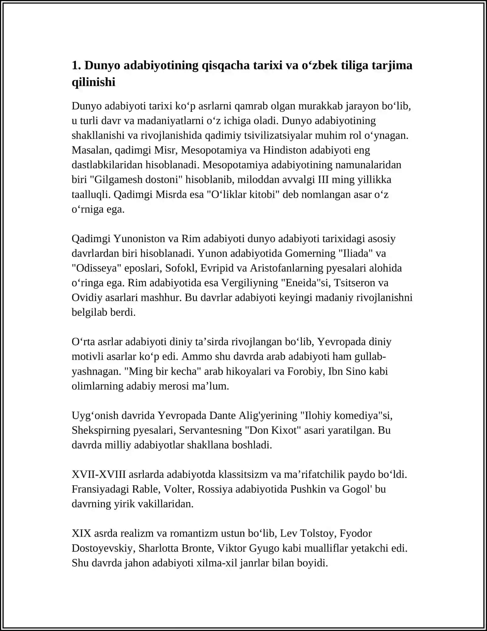 JAHON ADABIYOTINING MASHHUR ASARLARI VA ULARNING OʻZBEK TILIGA TARJIMALARI 3