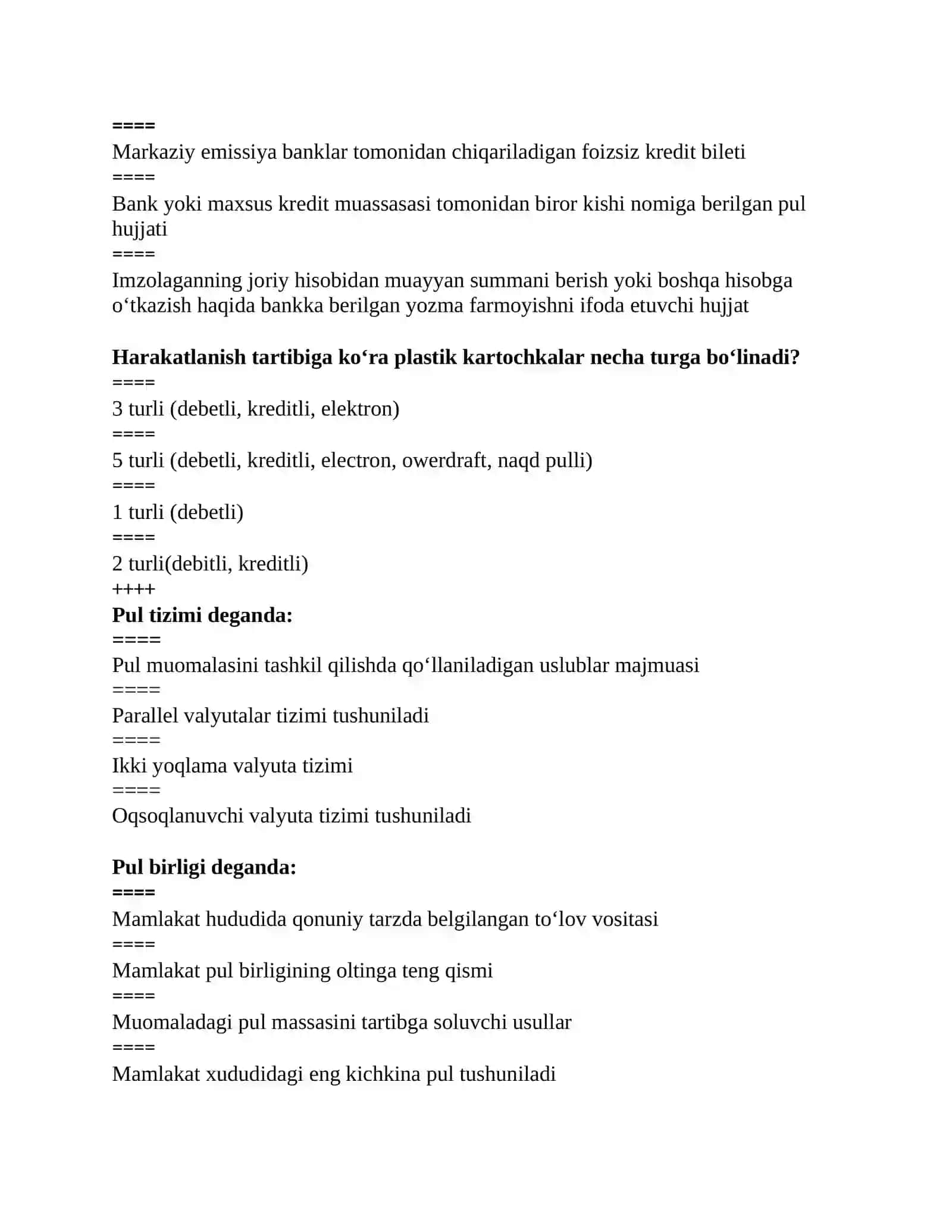Pul va banklar fanidan yakuniy test 3