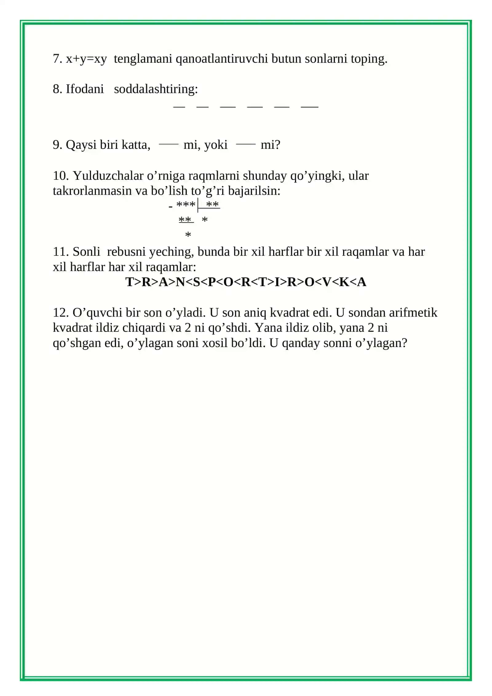 MATEMATIK O’YINLAR 3