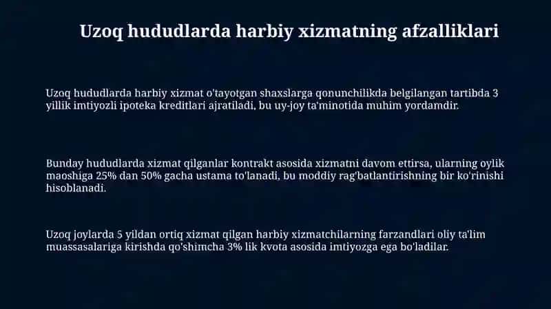 Uzoq joydagi harbiy xizmat uchun imtiyozlar 3