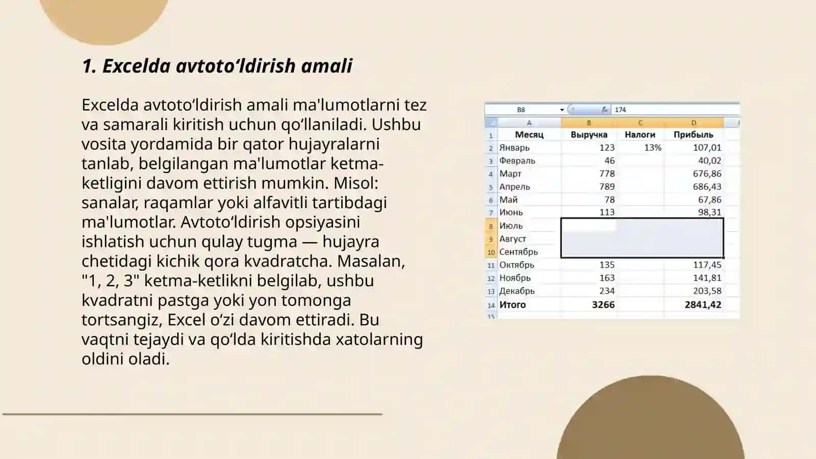 Excel dasturida avtoto‘ldirishlar va avtohisoblashlar 3