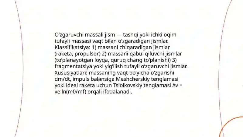 Oʻzgaruvchi massali jismning harakati 3