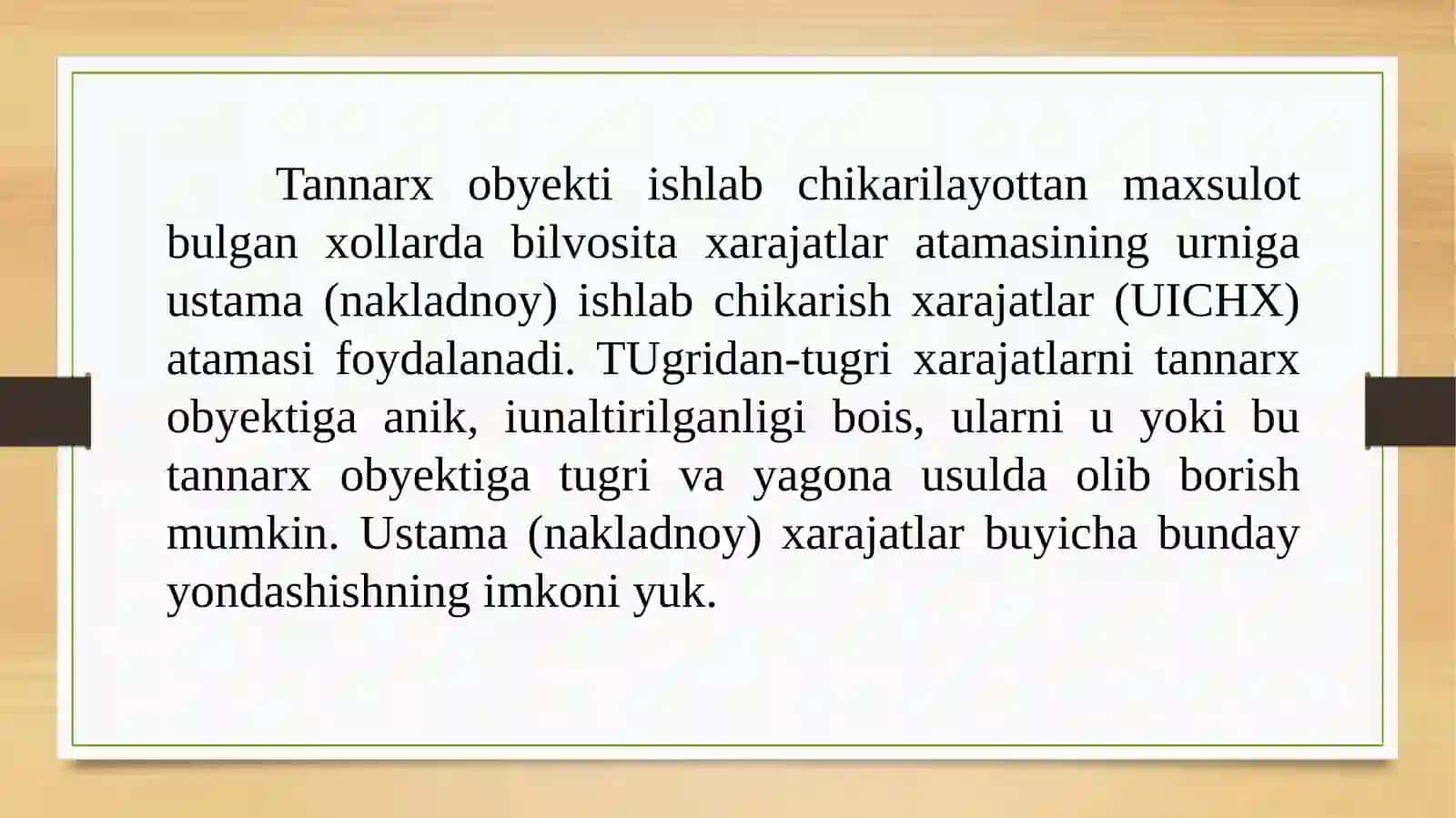 Ustama xarajatlar. Ustama xarajatlarni taqsimlashning reja  stavkalari. Ustama xarajatlarini taqsimlash zarurati. Ustama xarajatlarni taqsimlashning to'g’ri usuli 3