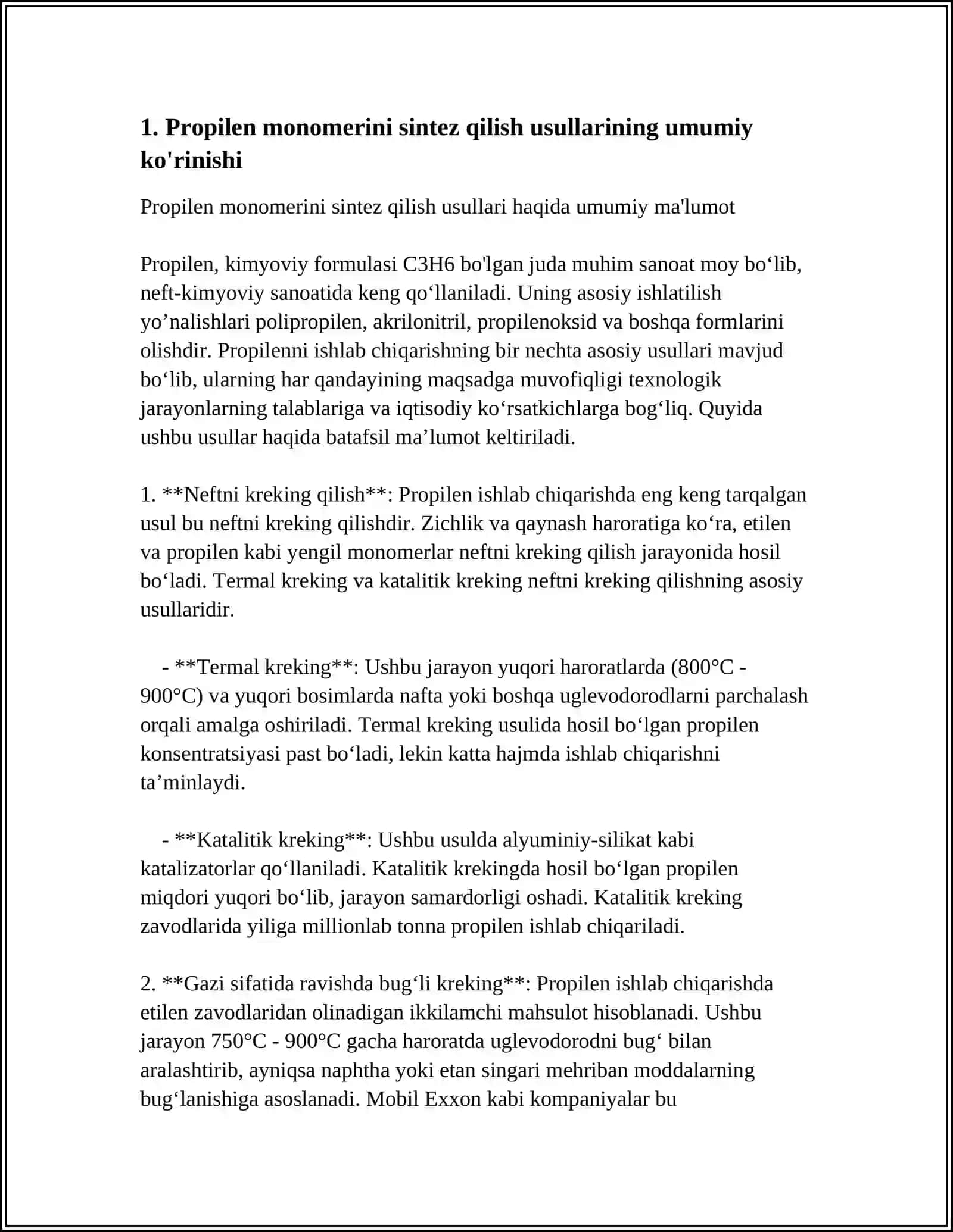 PROPILEN MONOMERINI SINTEZ QILISH USULLARI 3