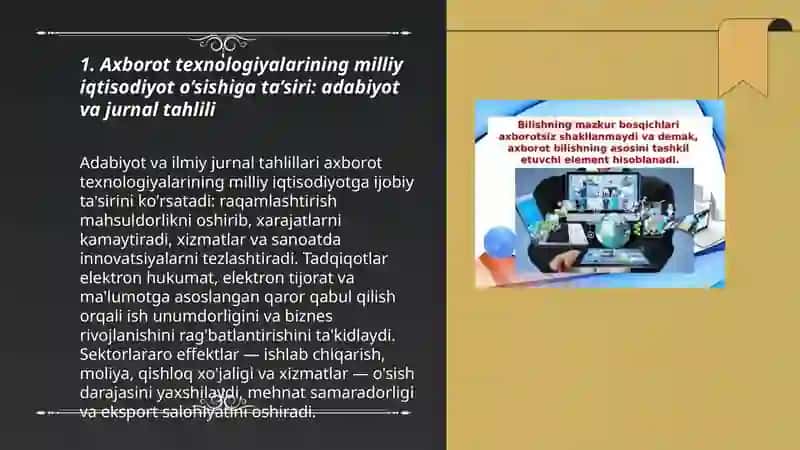 Iqtisodiyotda axborot texnologiyalarining o’rni va ahamiyati bo’yicha sohaga oid adabiyotlar, Internet ma’lumotlari va ilmiy-texnik jurnallar asosida taxliliy materiallar 3
