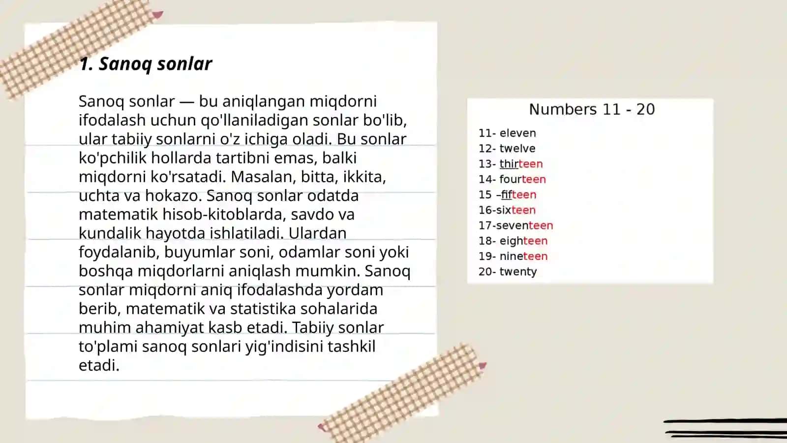Sanoq va Tartib Sonlar Lotin Alifbosida 3