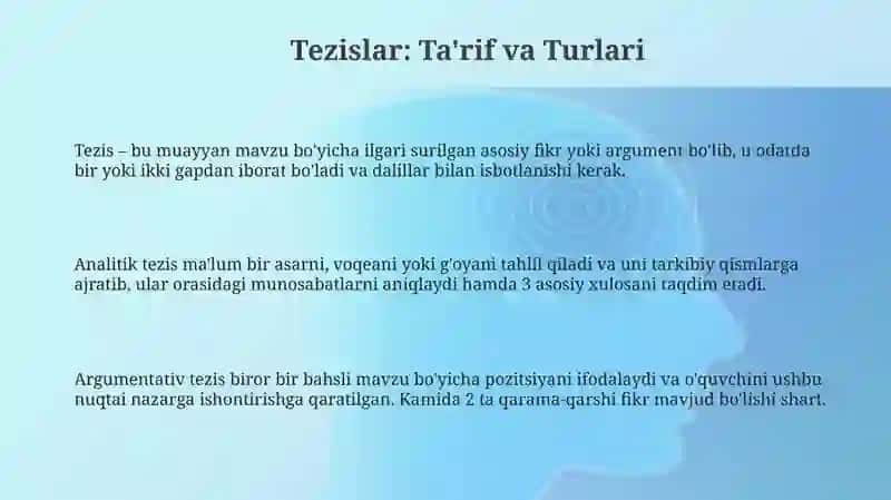 Tezislar. Tezis turlari. Tezis yozish uslublari 3