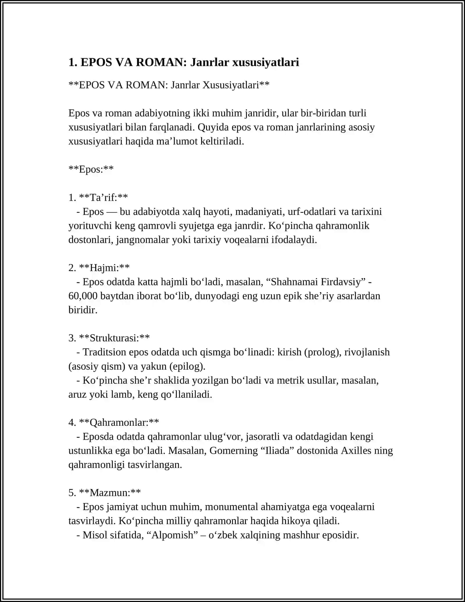 EPOS VA ROMAN: Janrlar Xususiyatlari 3