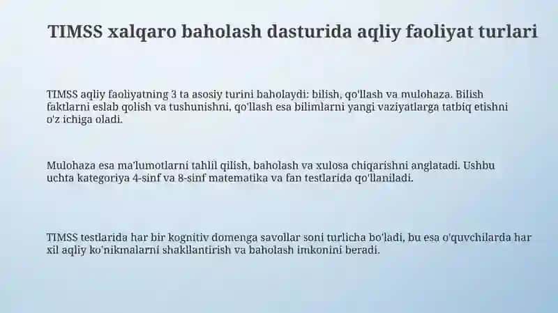 TIMSS XALQARO BAHOLASH DASTURIDA AQLIY FAOLIYAT TURLARI 3