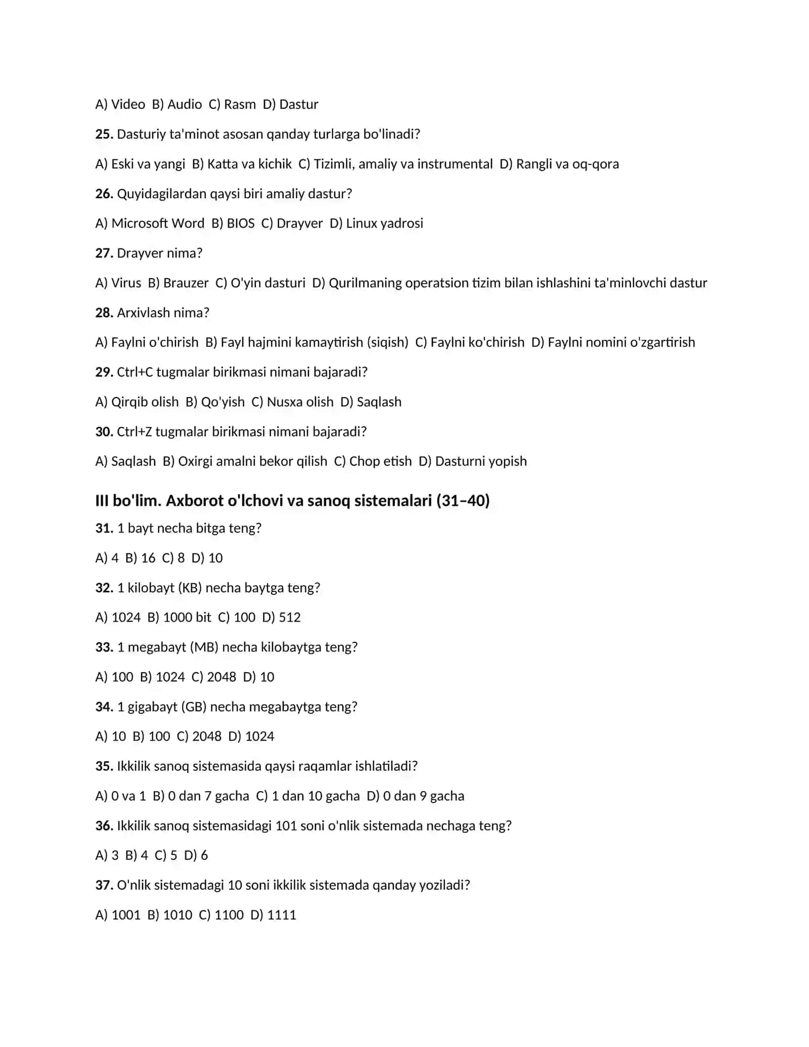 AKT bo'yicha 100 ta test (javoblari bilan) 3