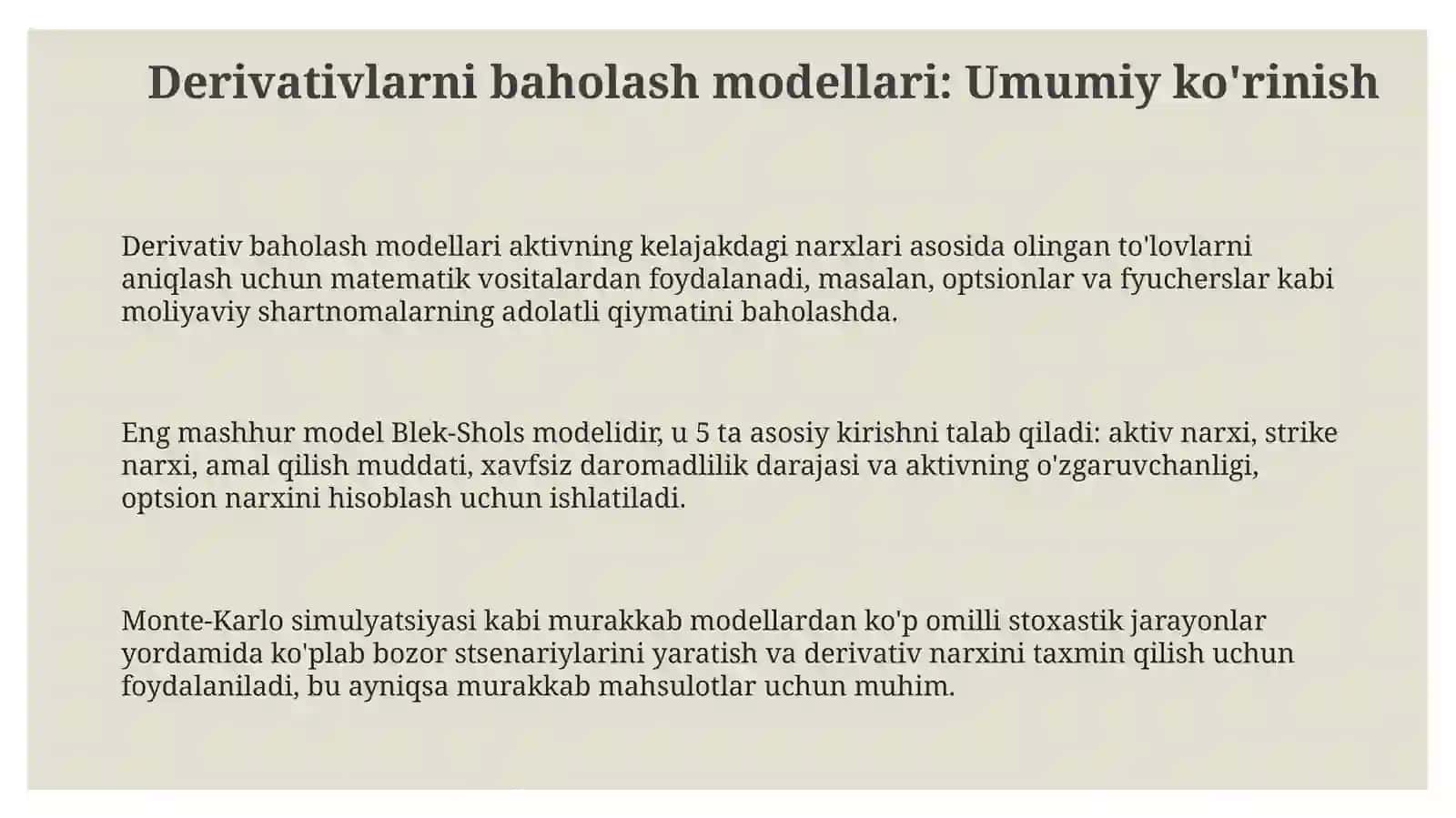 Moliya bozorida dervayiv vositalarni baholash modellari 3