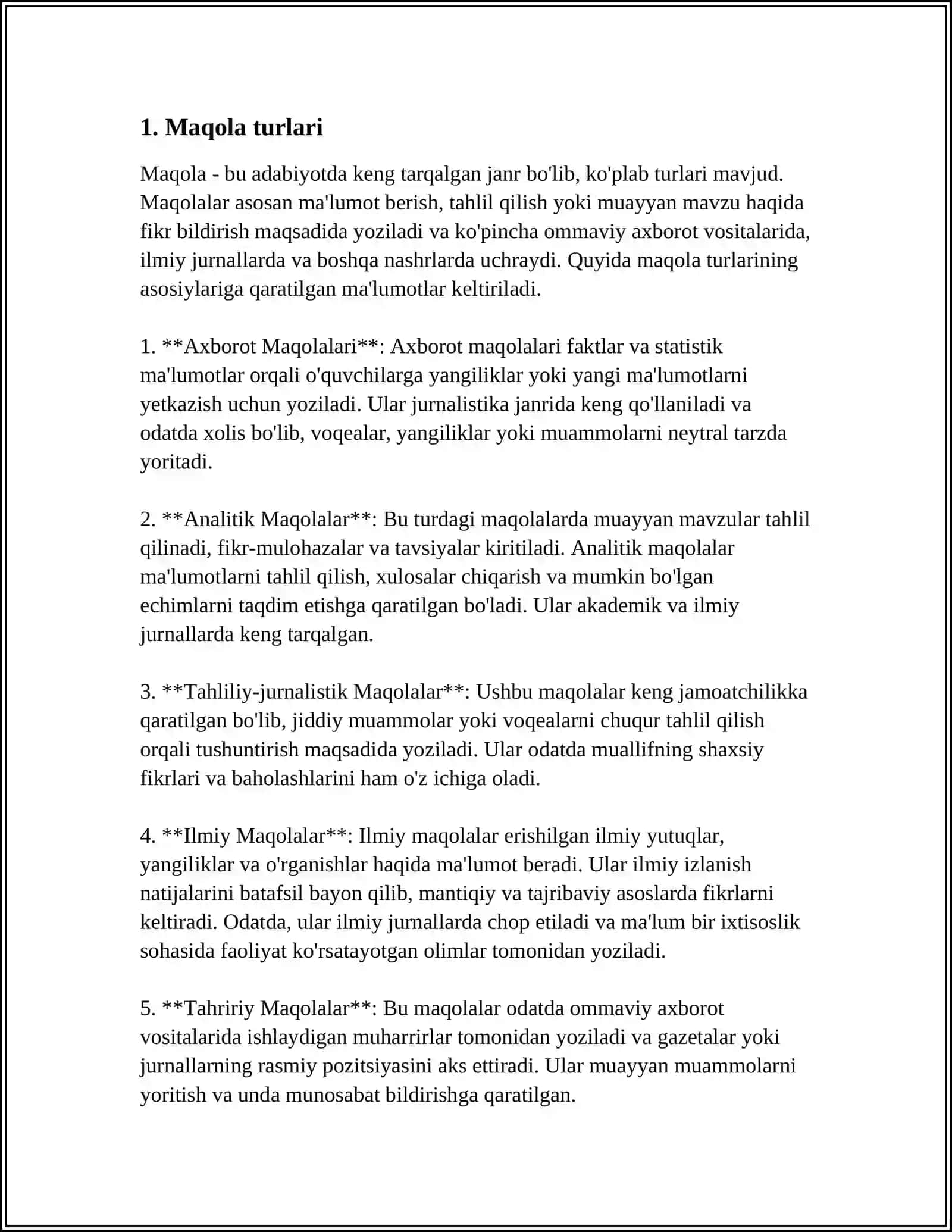 MAQOLA VA UNING TURLARI HAQIDA MAʼLUMOT BERING 3