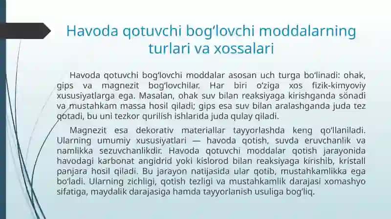 Havoda qotuvchi bog‘lovchi moddalar. Gips ishlab chiqarish texnologiyasi 3