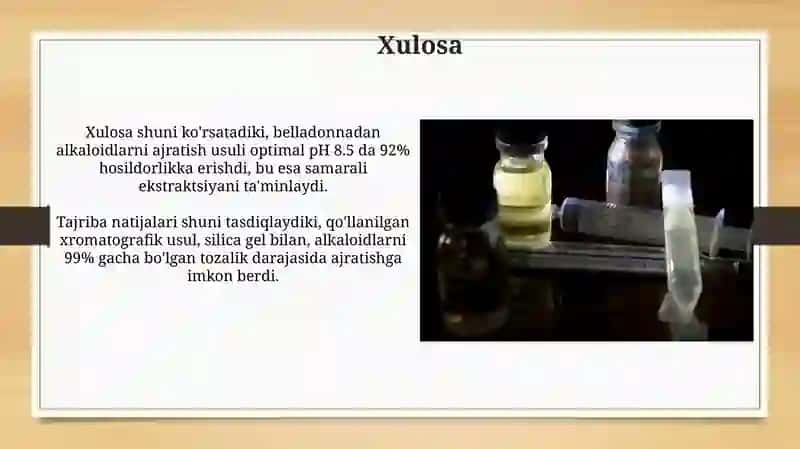 Belladonna tarkibidan alkaloidlarni ajratib olish tajribasi 3