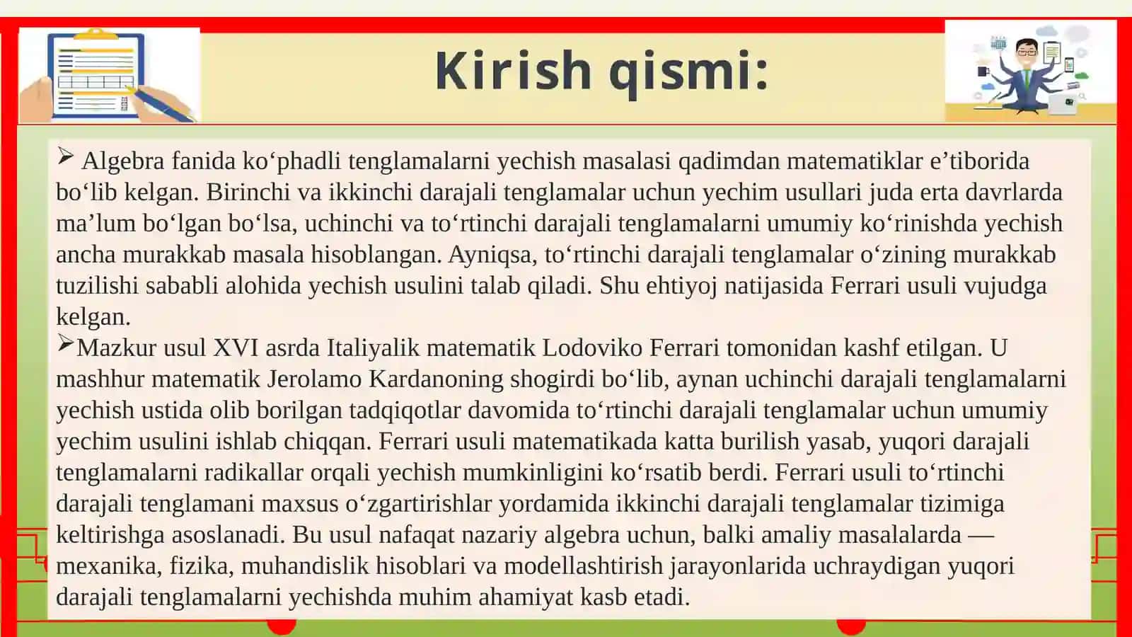 To‘rtinchi darajali tenglamalarni yechishning Ferrari usuli 4