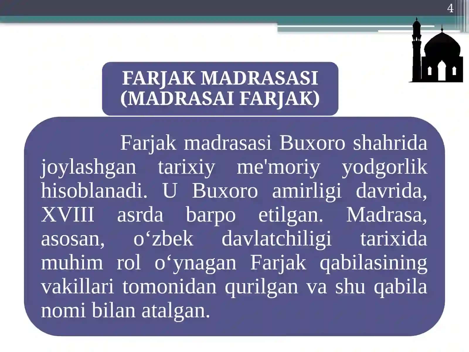 BUXORODAGI FARJAK MADRASASI 4