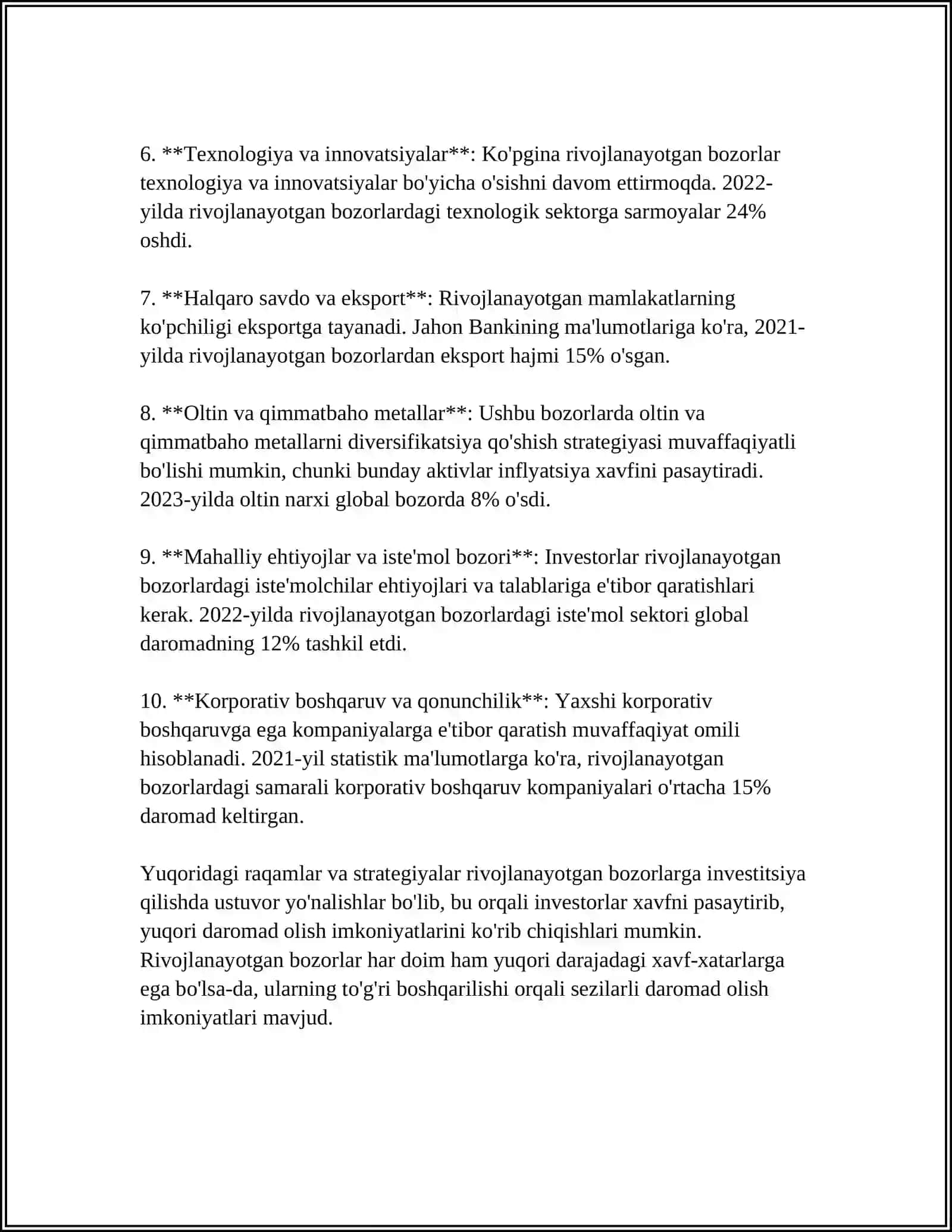 RIVOJLANAYOTGAN BOZORLARGA SARMOYA KIRITISH 4