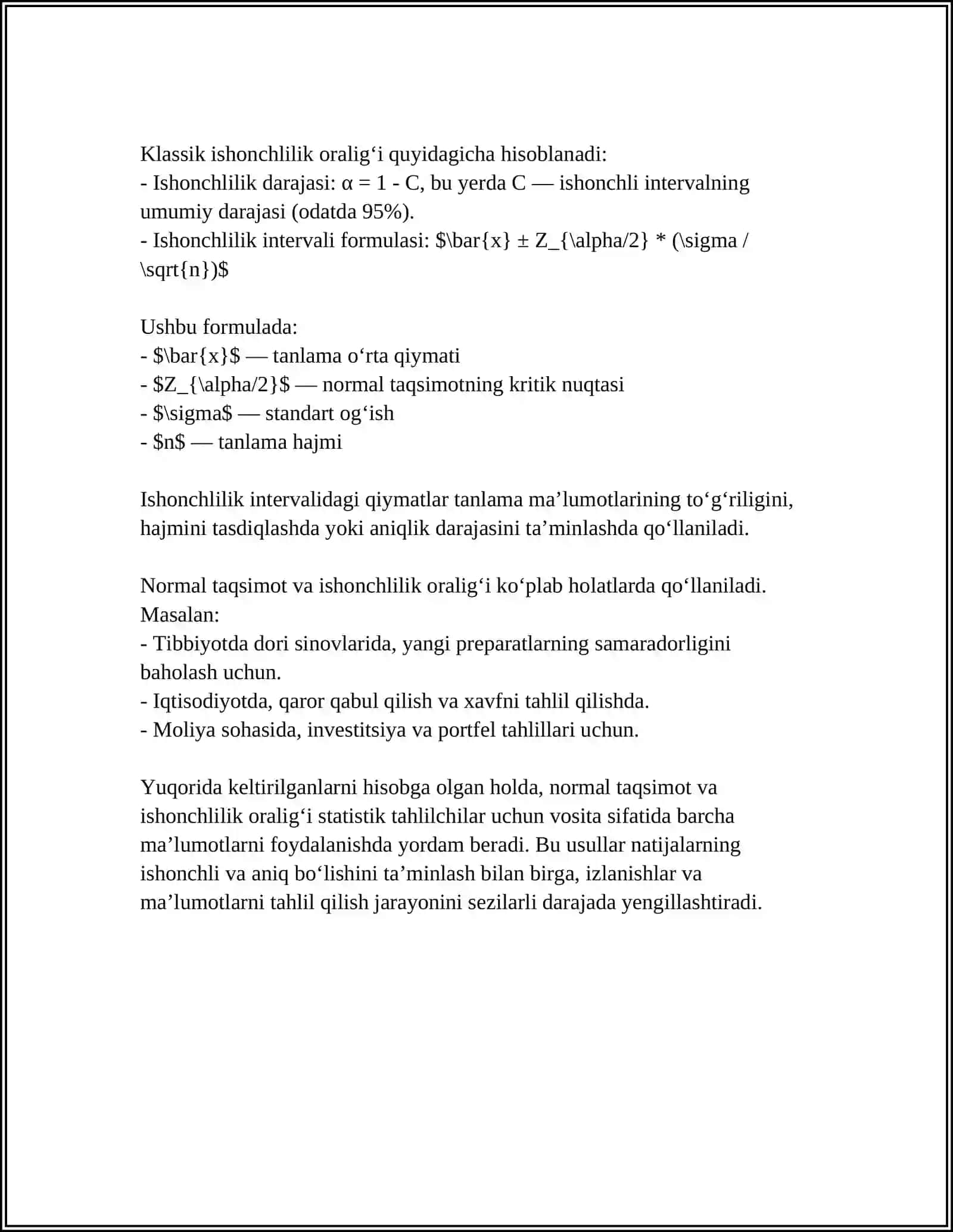 NORMAL TAQSIMOTNING NOMA'LUM PARAMETRLARI UCHUN ISHONCHLILIK INTERVALLARI 4