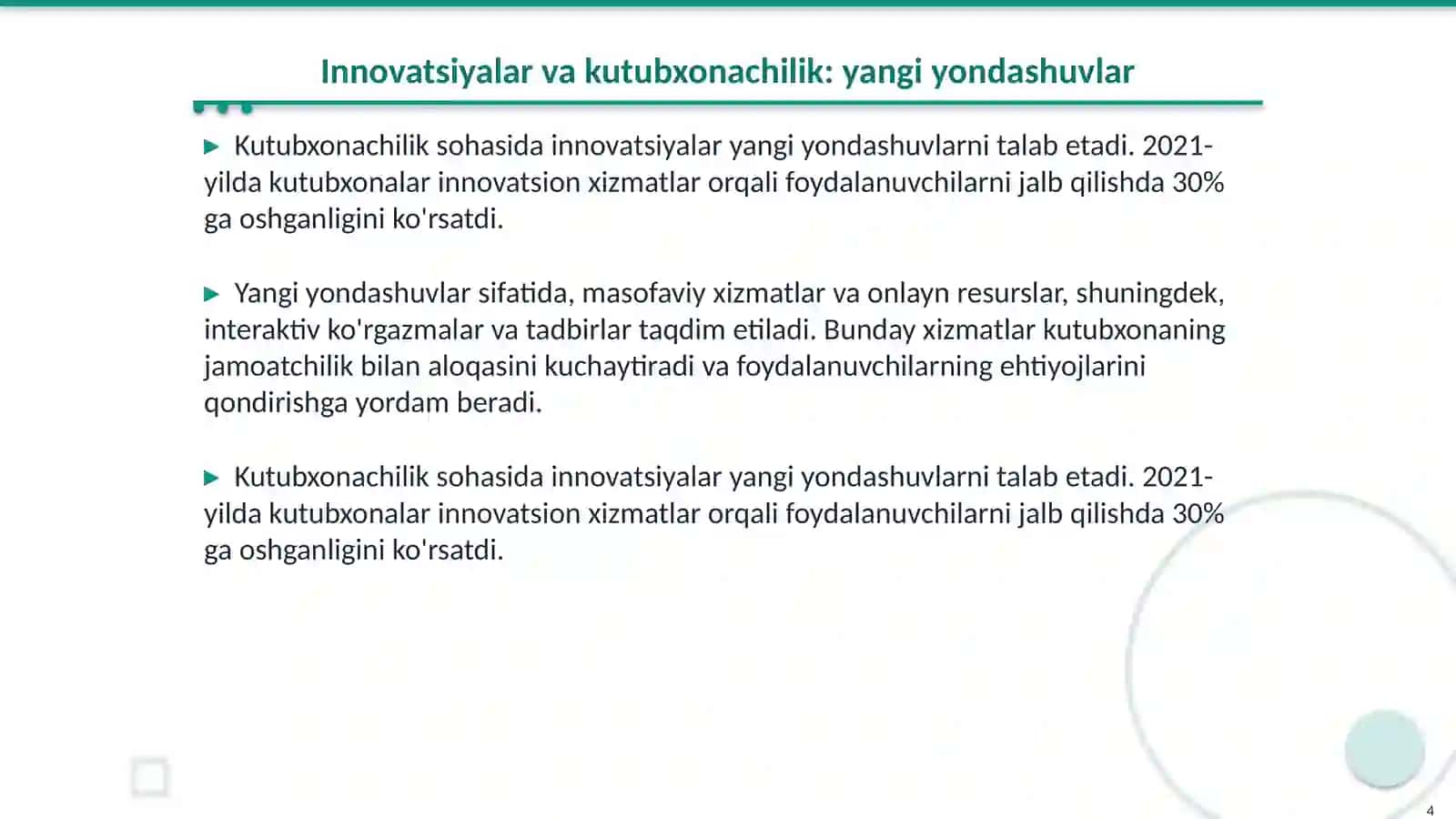 Texnologiya kutubxonachilik innovaysiyasining obekti sifatida 4