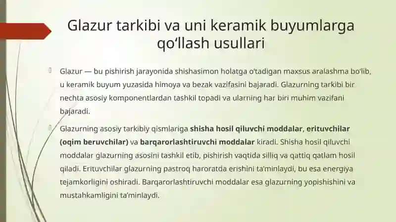 Keramik materiallarni glazurlash. Glazurning turkumlari 4
