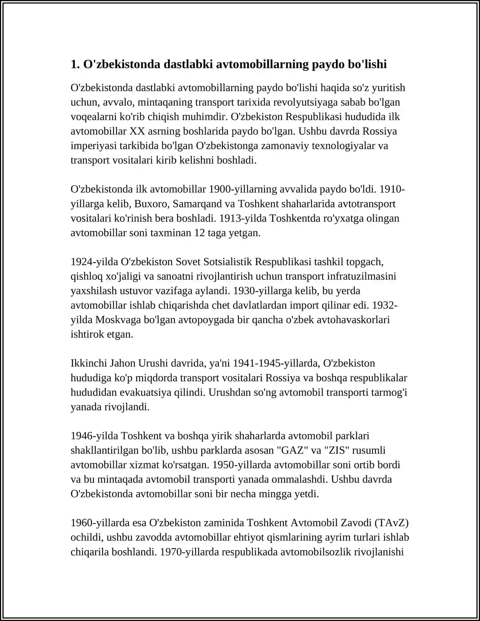 OZBEKISTONDA AVTOMOBILLARNING PAYDO BOʻLISHI VA YOʻL TARMOGʻINING YAXSHILANISHI.OʼZBEKISTONDA YOʻL XOʻJALIGINI RIVOJLANTIRISH BOSHLI BOSQICHLARI 4