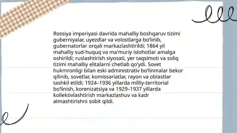 Rossiya imperiyasi va sovet hukmronligi davrida o'lkadagi ijtimoiy-iqtisodiy, siyosiy va ma'naviy jarayonlar 4