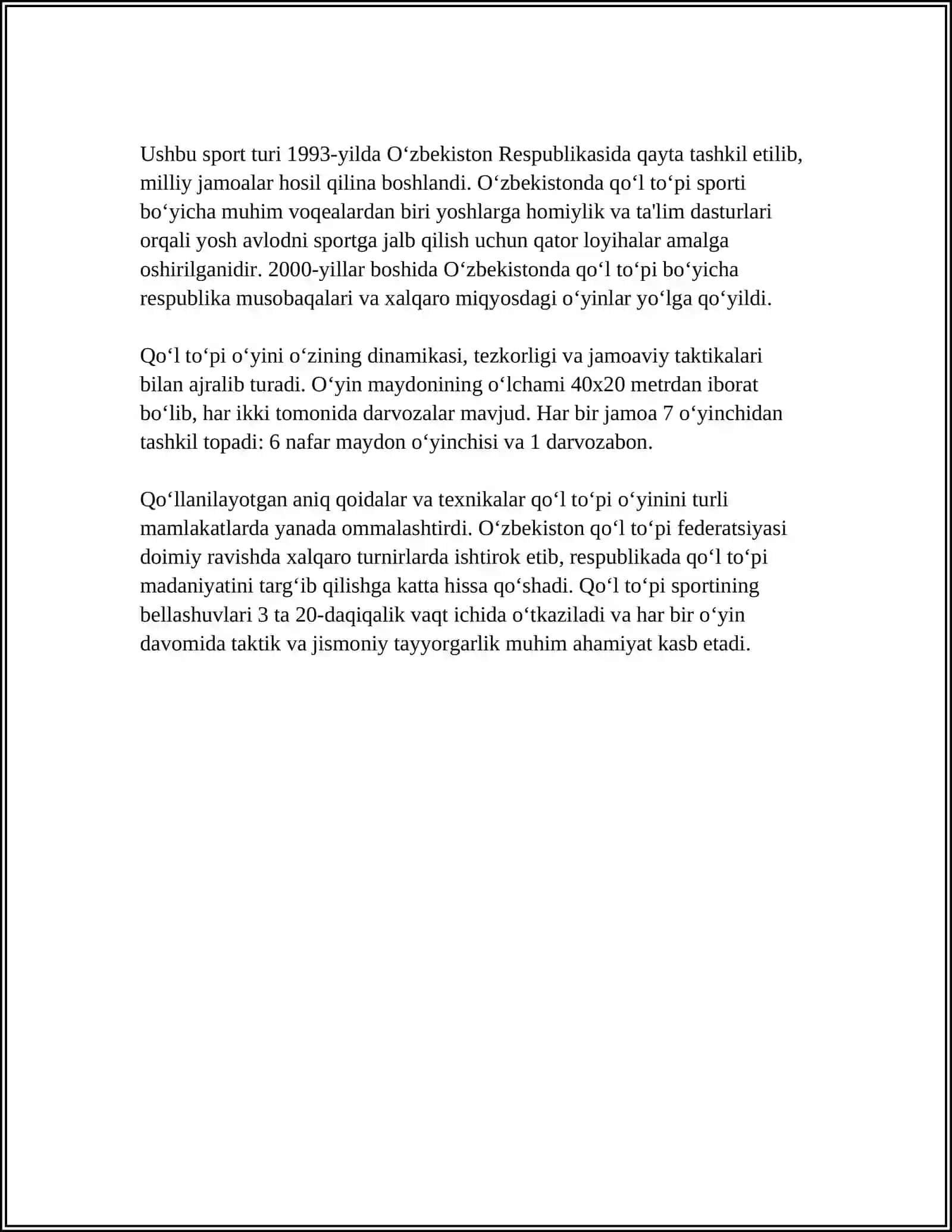 QO'L TO PINING RIVOJLANISH TARIXI, TEXNIKASI, TAKTIKASI VA QOIDALARI 4
