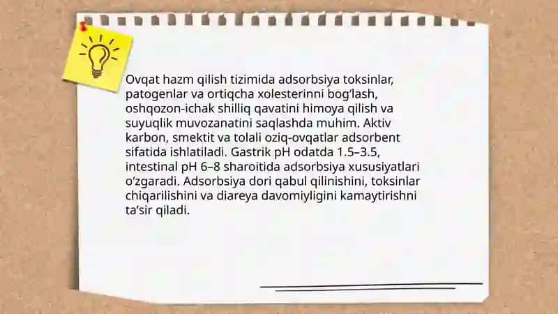Organizm hayot faoliyatida va davolash usullarida adsorbsiya jarayonining ahamiyati 4