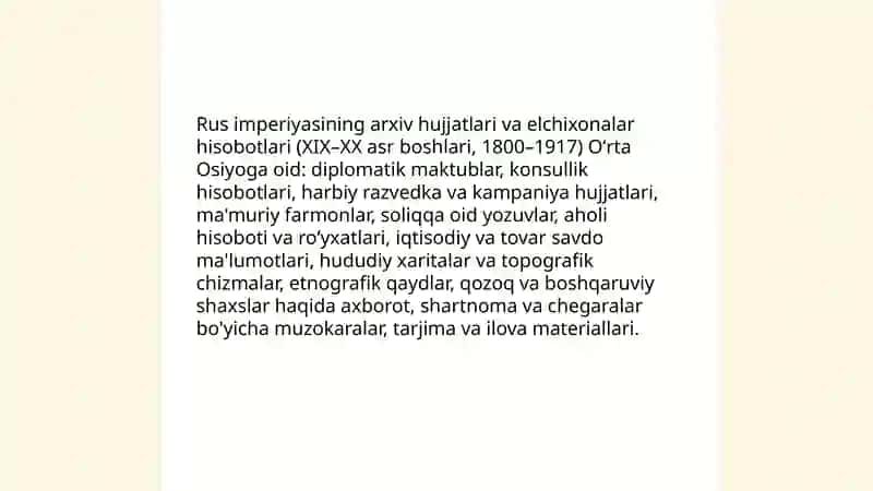 Oʻrta Osiyo tarixiga oid rus hamda Yevropa manbalari 4