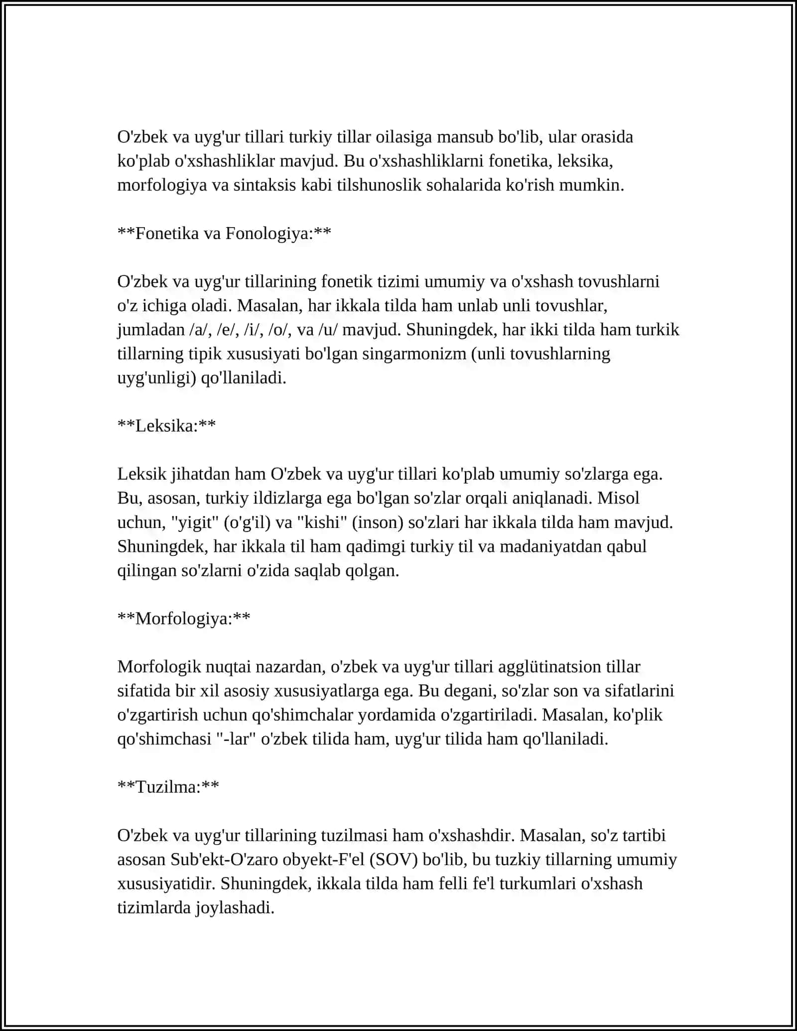 O'ZBEKCHA KELISHIK QO'SHIMCHALARINING UYG'UR, TURKMAN, QORAQALPOQ, QOZOQ, QIRĢIZ MATNLARIDA MUVOFIQLIGI 4