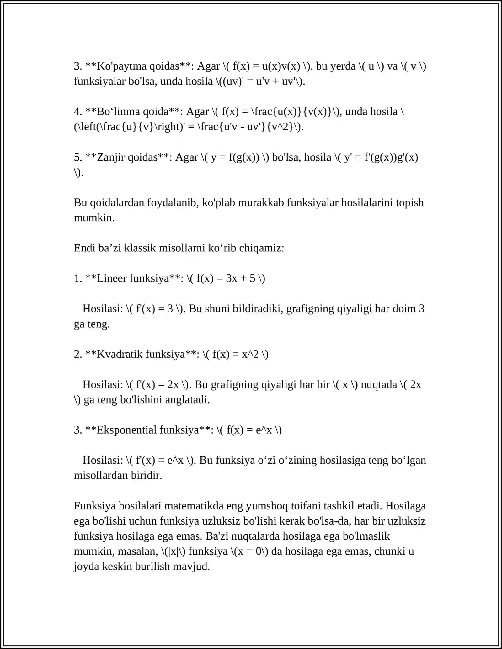 FUNKSIYA HOSILASI VA ULARNI TADBIQLARI 4