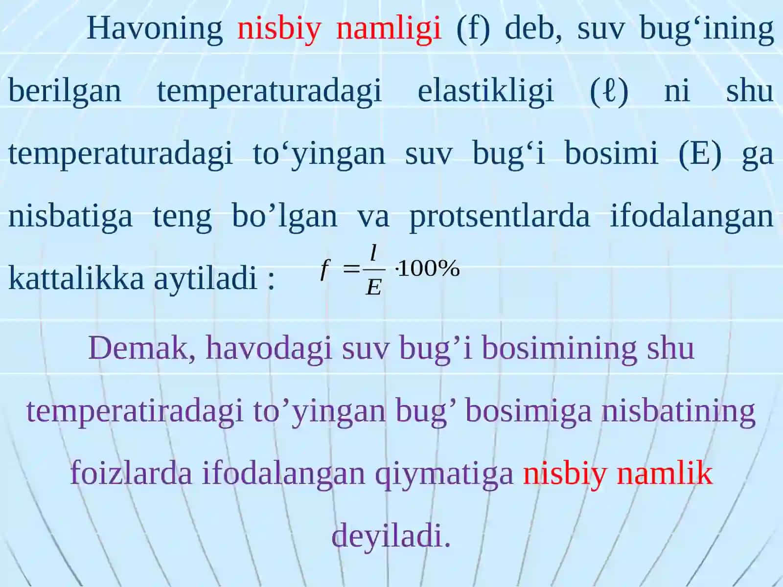 Havoning namligi. Havo namligi ko’rsatkichlarining organizmga ta’siri. Assman psixrometri yordamida havoning namligini aniqlashni o’rganish 4