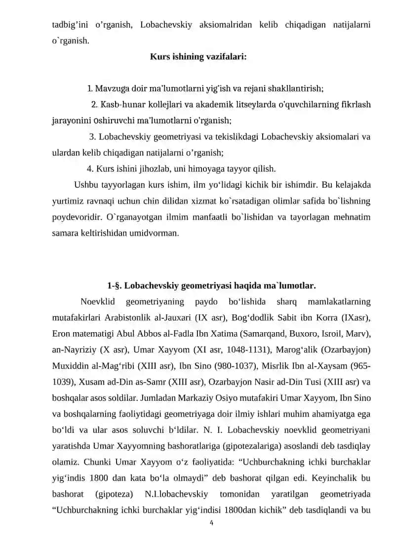Tekislikdagi Lobachevskiy aksiomalar sistemasi va undan kelib chiqadigan natijalar 4