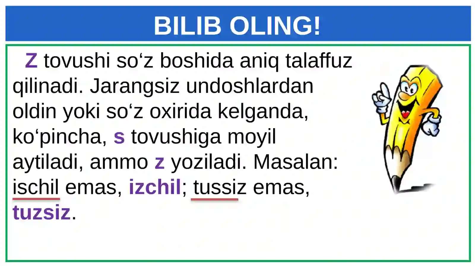 5-sinf. Z va s undoshlarining talaffuzi va imlosi 4