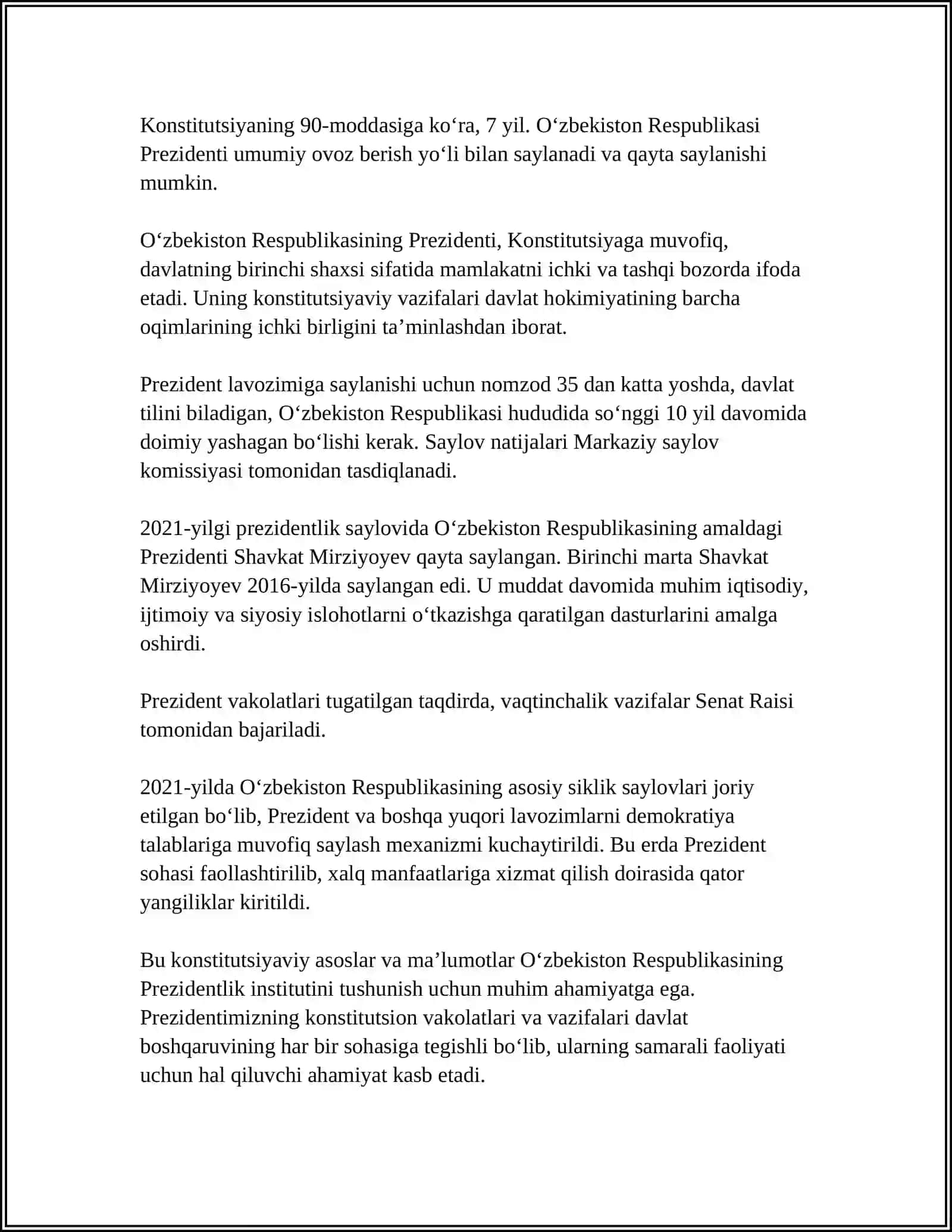 O'ZBEKISTON RESPUBLIKASI PREZIDENTINING KONSTITUTSIYAVIY-HUQUQIY MAQOMI 4