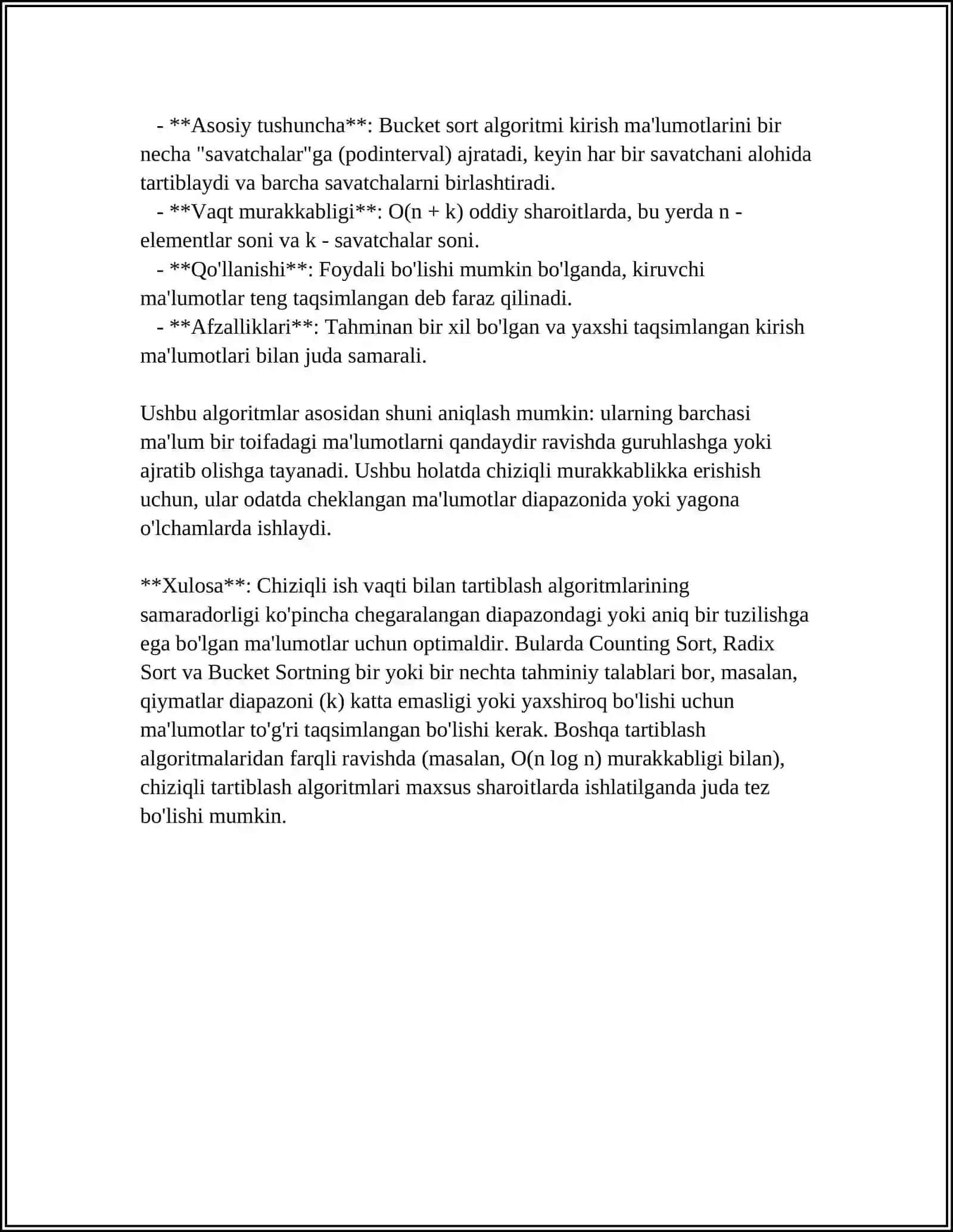 CHIZIQLI ISH VAQTI BILAN TARTIBLASH ALGORITMLARI 4