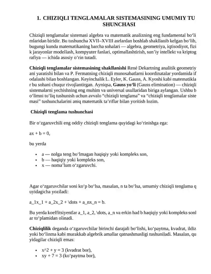 Chiziqli Tenglamalar Referati 4