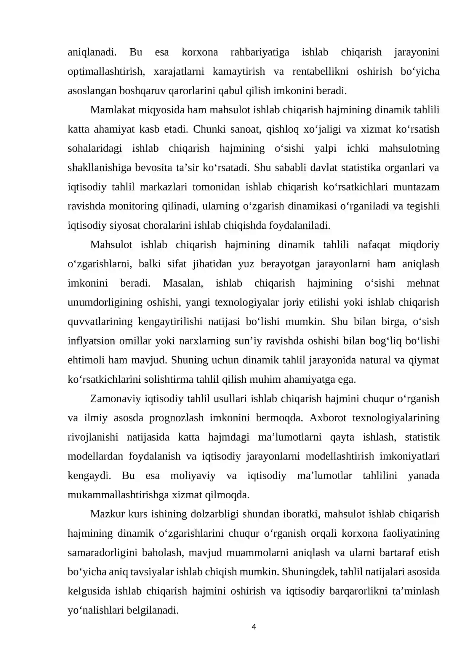 MOLIYAVIY VA IQTISODIY MA’LUMOTLAR TAHLILI FANIDAN “MAHSULOT ISHLAB CHIQARISH HAJMINING DINAMIK TAHLILI” MAVZUSIDA TAYYORLAGAN KURS ISHI 4