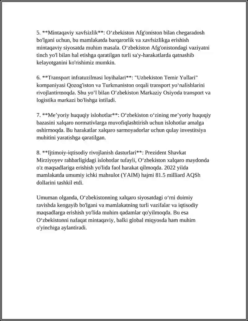 Oʻzbekiston va Jahon Hamjamiyati Referat 4